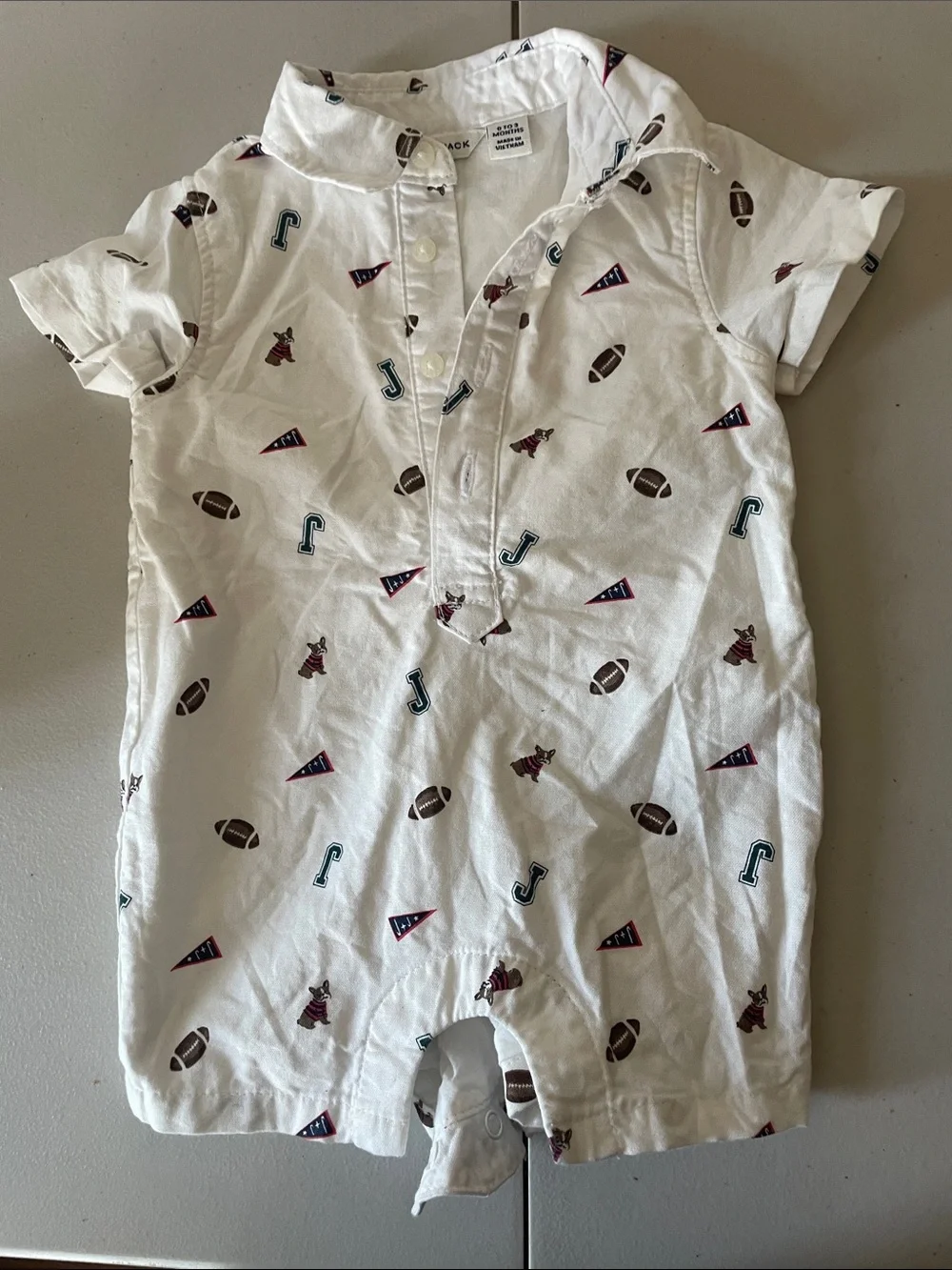 Janie and Jack White Cotton Kids One-Piece Romper with Football Sport Print